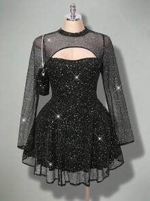 SHEIN ICON فستان نسائي كبير الحجم بياقة مستديرة وتصميم شبكي لامع بأكمام طويلة وتصميم مفرغ - الأسود - مشاهدة 1