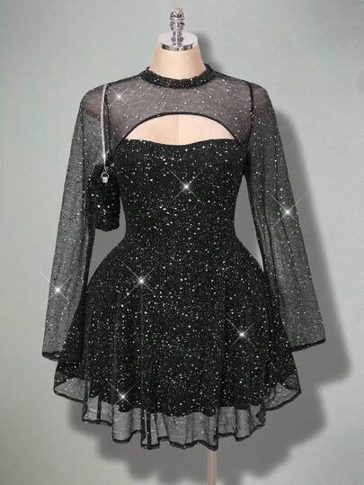 SHEIN ICON Plus Size Retro Elegant Sexy Millennial Style Y2K Prom Party Wear Stage Performance Costume High Neck Long Sleeve Front Hollow Out Loose Skirt Gold And Silver Foil Black Dress