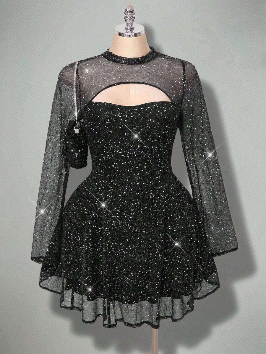 SHEIN ICON فستان نسائي كبير الحجم بياقة مستديرة وتصميم شبكي لامع بأكمام طويلة وتصميم مفرغ - الأسود - مشاهدة 1
