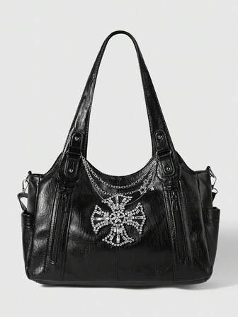 Grunge Punk Bolso bandolera cruzado con cremallera doble cara en negro