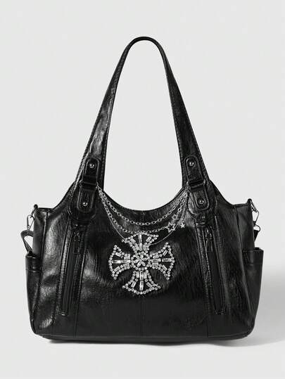 Grunge Punk Black Cross Double-Sided Zipper Crossbody Shoulder Bag
