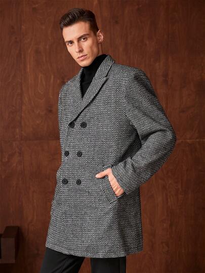 Officeau 男士复古风旧钱美学前襟纽扣人字纹中长羊毛大衣，高贵绅士休闲舒适度假通勤百搭款式，秋冬款