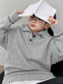DAZY Áo len dài tay cổ bẻ vai trễ vai màu trơn cho bé trai tuổi mới lớn, thu/đông - Xám - Xem 12