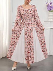 Feyla 大码连衣裙，方领，印花图案，撞色滚边，泡泡袖与腰部相连，宽松版型，适合派对、办公室、机场、通勤、家庭聚会、宴会、商务场合、下午茶等场合。 - 彩色 - 查看 1