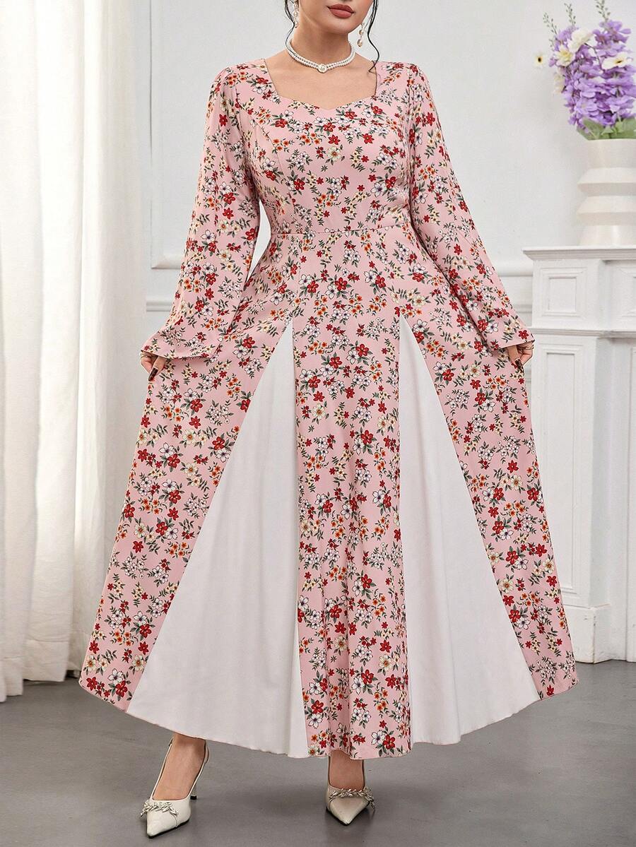 Feyla 大码连衣裙，方领，印花图案，撞色滚边，泡泡袖与腰部相连，宽松版型，适合派对、办公室、机场、通勤、家庭聚会、宴会、商务场合、下午茶等场合。 - 彩色 - 查看 1