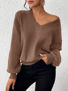 SHEIN VCAY V领落肩毛衣，秋冬季长袖上衣