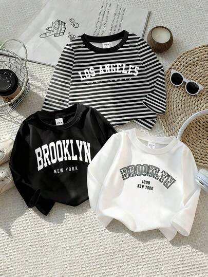 3pcs/Set Baby Boy Unisex Infant Toddler 6M-3T Fashion Minimalist English Graphic Black, White, Black & White Striped Soft Comfortable Long Sleeve T-Shirts, Suitable For Spring, Summer, Autumn, Winter, Sports, Casual, Home, Versatile All-Match Long Sleeve Tops