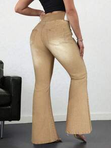 SHEIN Tall 女士牛仔裤休闲紧身弹力喇叭裤蓝色紧身牛仔裤高腰喇叭裤高腰女式牛仔裤夏季 - 卡其色 - 查看 2