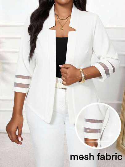 SHEIN Lady Plus Size Women Fashionable Elegant Casual Mesh Patchwork White Blazer In Fall/Winter Spring/Summer Outfits White Blazer For Women Women's Blazers White Jacket For Women White Outfits For Women Plus White Suits For Woman