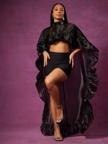 Vixey Sheer Organza Mock Neck High Low Ruffle Hem Top - Black - View 3