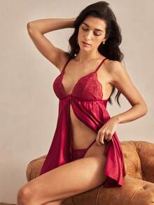 Charlaine Conjunto de camisola sexy feminina de 2 peças: vestido de alças finas e calcinha fio dental. - Borgonha - Ver 7