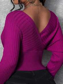 SHEIN SXY 大码女式秋冬舒适休闲露肩交叉领紧身腰毛衣，适合性感妩媚的职场女性、舞会、情人节、邮轮旅行、通勤、商务场合穿着。 - 紫色 - 查看 7