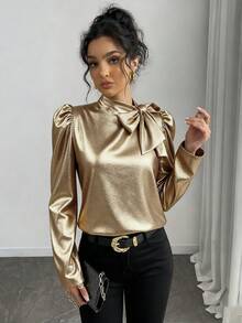 Rafferiza 女士箔面面料优雅系领泡泡袖衬衫 - 金色 - 查看 7