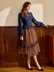 Vintamour Vintage Elegant Women 2 Pieces Set Brown And Blue,Autumn,Elegant,Tea Party Casual Pockets Contrast Color Button Shirt Jacket & Skirt Suit Christmas - Multicolor - View 4