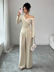 Elenzga Set de 2 piese, bluză elegantă asimetrică, plisată, încrucișată, și pantaloni minimalisti, drepți și lejeri, ținută demnă din 2 piese, costum casual, set de 2 piese elegant și confortabil pentru femei - Caisă - Vizualizare 6