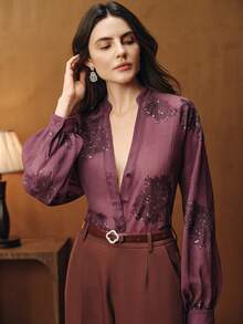 Anewsta Loose Semi-Sheer V-Neck Embroidered Long Sleeve Shirt With Colorful Sequin Detailing, Elegant Office Style For Women - Red Violet - View 5