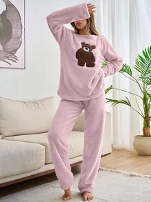 EURMUSE Plus 2pcs Plush Bear Embroidery Detail Homewear PJ Set - Baby Pink - View 5