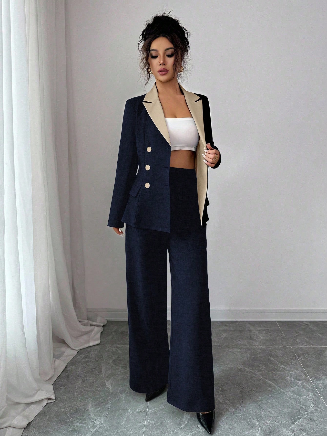 Elenzga بدلة نسائية أنيقة طويلة الأكمام بتباين لون...