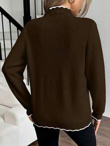 Elenzga 女士休闲荷叶边领长袖毛衣，秋冬季 - 棕色 - 查看 2
