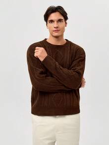 RONVEXI Herren Casual Kabel Muster Rundhals Langarm Pullover, Herbst/Winter Herren Braun Oberteile Kaschmir Herren Bekleidung Strickwaren Herren Brauner Pullover Herren Pullover für Herren Kaschmir Herren Bekleidung - Kaffeebraun - Übersicht 3