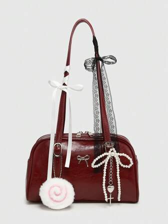 Kawaii Vintage niedlicher Stil Damen Karomuster Umhängetasche mit Schleife, Kirsch- und Herzdekor, Mehrtaschige Boston Tasche, Schul-, Straßen- und Japanischer Stil Tasche für Frauen