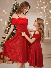 Teen Girls' Sequin Casual Elegant Long Sleeve Bowknot Dress, Red - Burgundy - View 1