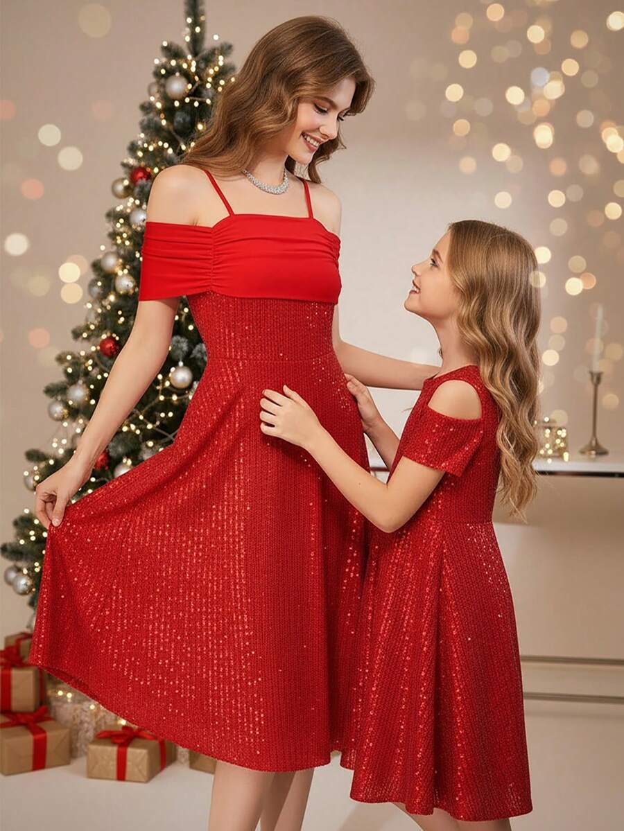Teen Girls' Sequin Casual Elegant Long Sleeve Bowknot Dress, Red - Burgundy - View 1