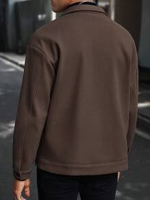 Manfinity CasualCool Men's Casual Everyday Commute Simple Solid Color Zip-Up Lapel Jacket, Autumn Western Men Woolen Shacket Brown Jackets - Coffee Brown - View 2