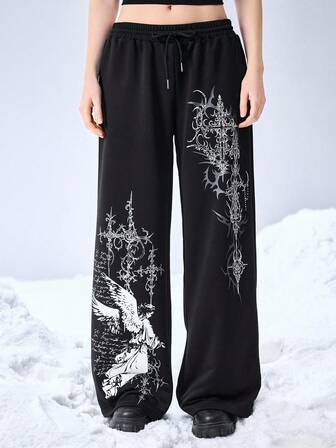 Grunge Punk Y2K Cyber Symbol & Engel Muster Loose Damen Jogginghose
