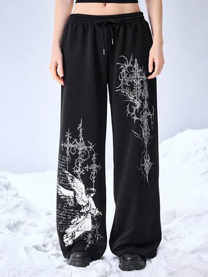 Grunge Punk Y2K Cyber Symbol & Angel Print Loose Women Sweatpants