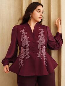 Anewsta Weinrote perlenbestickte elegante romantische taillierte V-Ausschnitt Langarm Jacke in Große Größen - Bordeaux - Übersicht 6