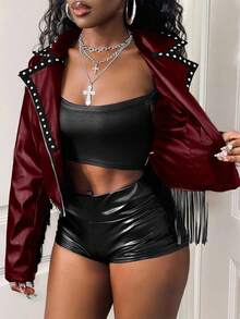 SHEIN BamGlam Zip Up Punk Bead PU Tassel Biker Jacket - Burgundy - View 7
