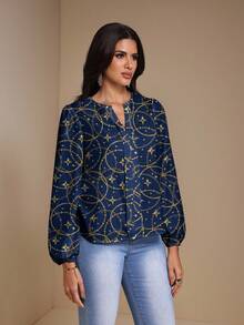 Glamance Vecteezy Marineblau & Gold Kreis Dekor Lässig Minimalistisches Damen Shirt, geeignet für Frühling & Herbst - Verschiedenfarbig - Übersicht 3