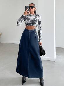 EURMUSE Women's High Waist Pocketed Casual Everyday Denim Skirt - Dark Wash - View 4