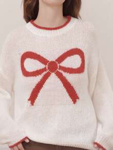 lacRébo Cosy Oversized Jumper With Red Bow Front Detail Cute Spring Summer  New Year White Sweater - Red and White - View 5