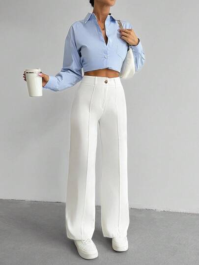 SHEIN Tall Tall Size Women's Casual Solid Color Straight Suit Pants