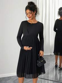 SHEIN Vestido de enfermería con mangas largas, amigable para la lactancia, diseño de dobladillo plisado de doble capa, vestido largo