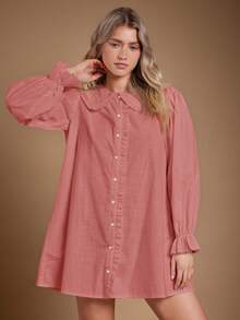 WESTFADE Đầm chữ A mini tay dài, cổ bèo nhún 100% cotton, cài nút, dễ thương, thường ngày, trang phục mùa thu, trang phục hòa nhạc đồng quê, mùa thu, mùa đông, phong cách Boho, trang phục phương Tây - Màu Hồng baby - Xem 3
