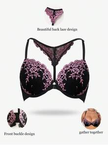 1pc Two-Tone Lace Halter Backless Front Closure Underwire Bra - Multicolor - View 3