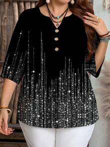 EMERY ROSE Plus Size Casual Notched Neck Half Sleeve Blouse With Random Print Design And Rhinestone Details,Spring/Summer/Vacation - Multicolor - View 4