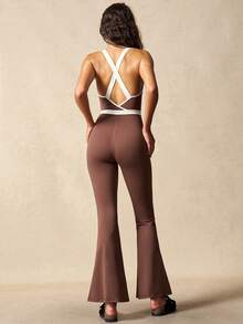 VARSIVA Women's Brown And White Cross-Strap V-Neck Jumpsuit With Built-In Bra Pads And Beautiful Back Design, Suitable For Yoga, Pilates, And Sports. - Multicolor - View 8