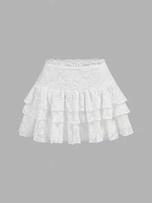 SHEIN Girlism Teen Girl Y2K Style White Lace Ruffle Hem Mini Skirt, Summer - White - View 1