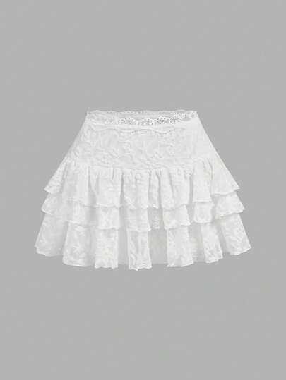 SHEIN Girlism Teen Girl Y2K Style White Lace Ruffle Hem Mini Skirt, Summer