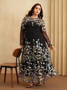 Anewsta Váy lưới thêu hoa tay dài cổ tròn eo cỡ lớn dành cho nữ, mùa xuân/thu - Nhiều màu - Xem 7