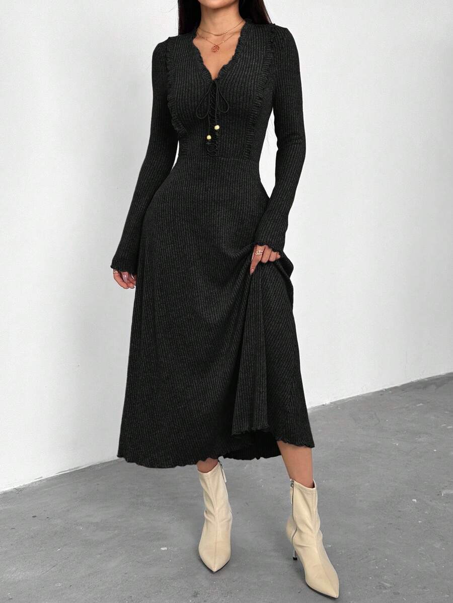 Feyla Women's Casual Solid Color Mid-Length Dress, Suitable For Commuting In Autumn - Black - View 1