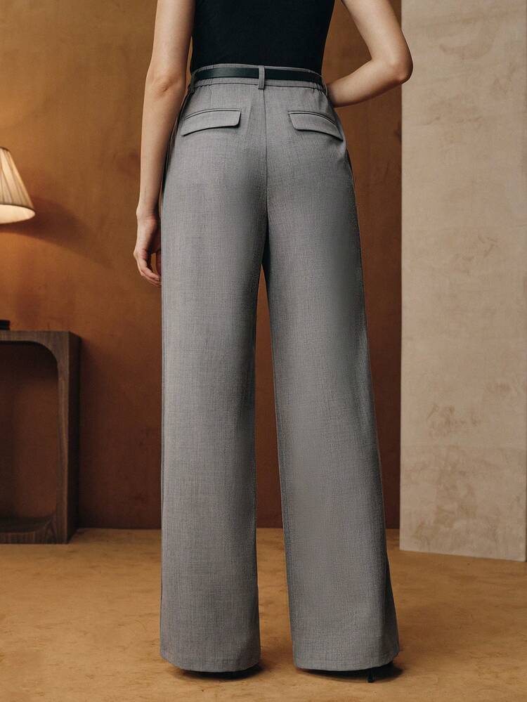 Women's Modern Elegant Side Pleated Flare Pants With Metal Belt Decoration, Long Suit Pants