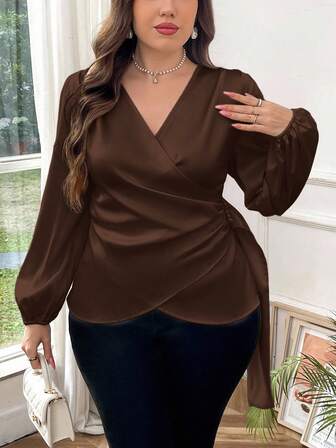 SHEIN Privé Plus Size Women Elegant Solid V-Neck Irregular Pleated Pearl Beaded Ruffle Hem Long Sleeve Blouse, Versatile For Work And Casual Wear, Spring/Autumn