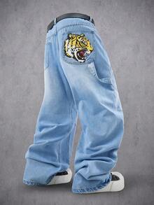 Manfinity Denimwave Men's Casual Washed Tiger Print Distressed Straight Leg Jeans Blue Baggy Jeans Men - Light Wash - View 1