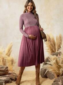 Boho Mama Đầm thường ngày cho bà bầu và cho con bú cổ tròn tay dài màu tương phản - Bụi hồng - Xem 3