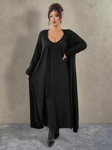 Elenzga Plus Size Black Autumn Elegant Formal Dinner Evening Two Pieces Set,Soft Elastic Waist A-Line Camisole Dress,Brushed Ribbed Long Sleeve Long Cardigan - Black - View 5